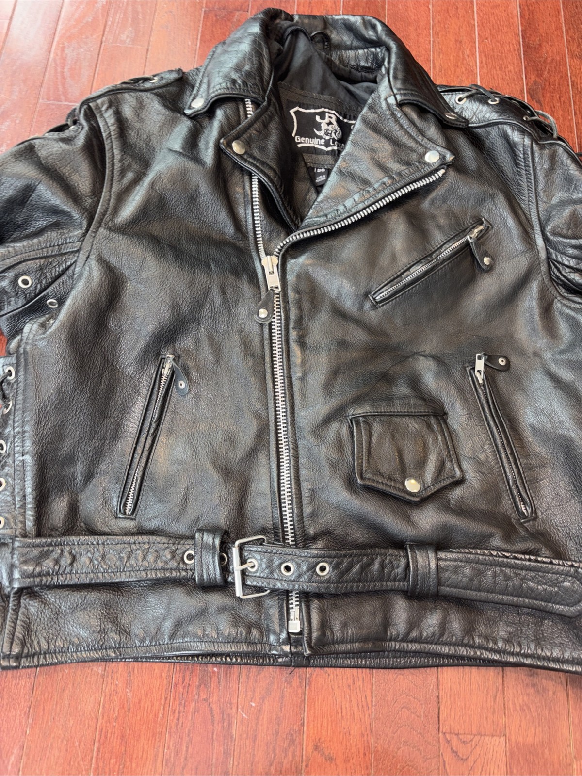 JR Jacket Mens Biker Genuine Leather Motorcycle Lace Up Zipper Details Belted 50