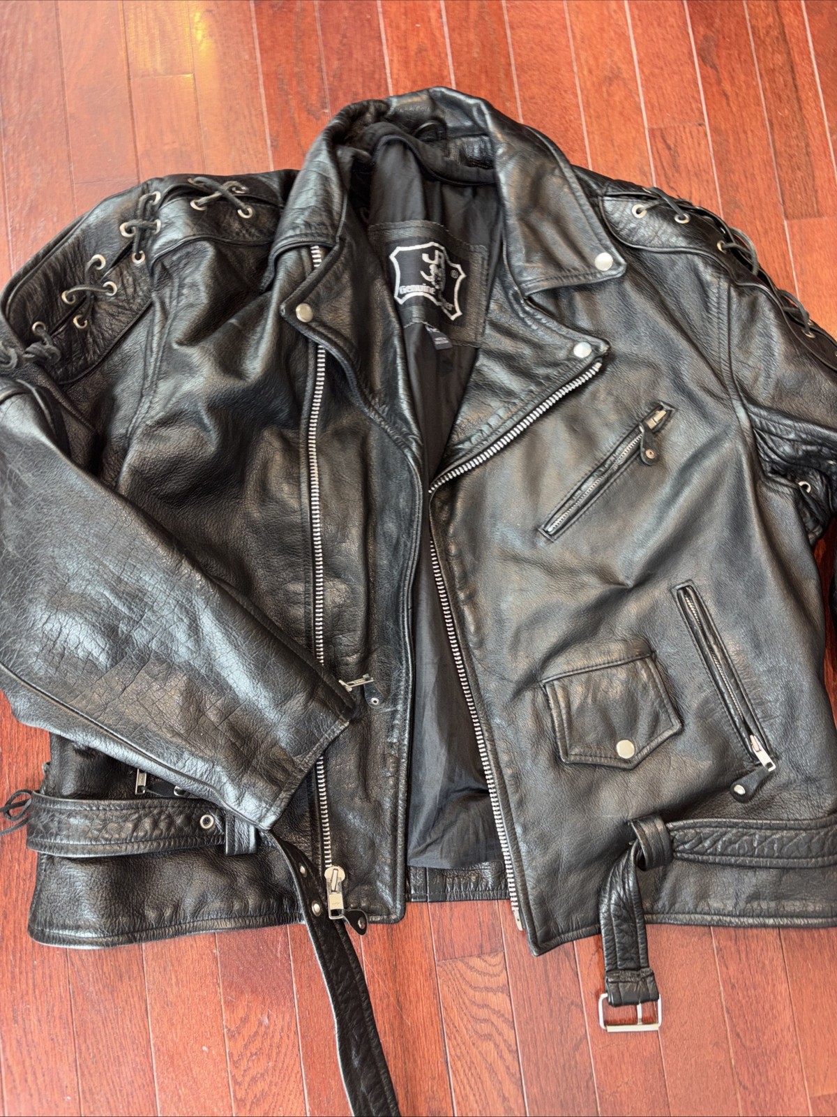JR Jacket Mens Biker Genuine Leather Motorcycle Lace Up Zipper Details Belted 50
