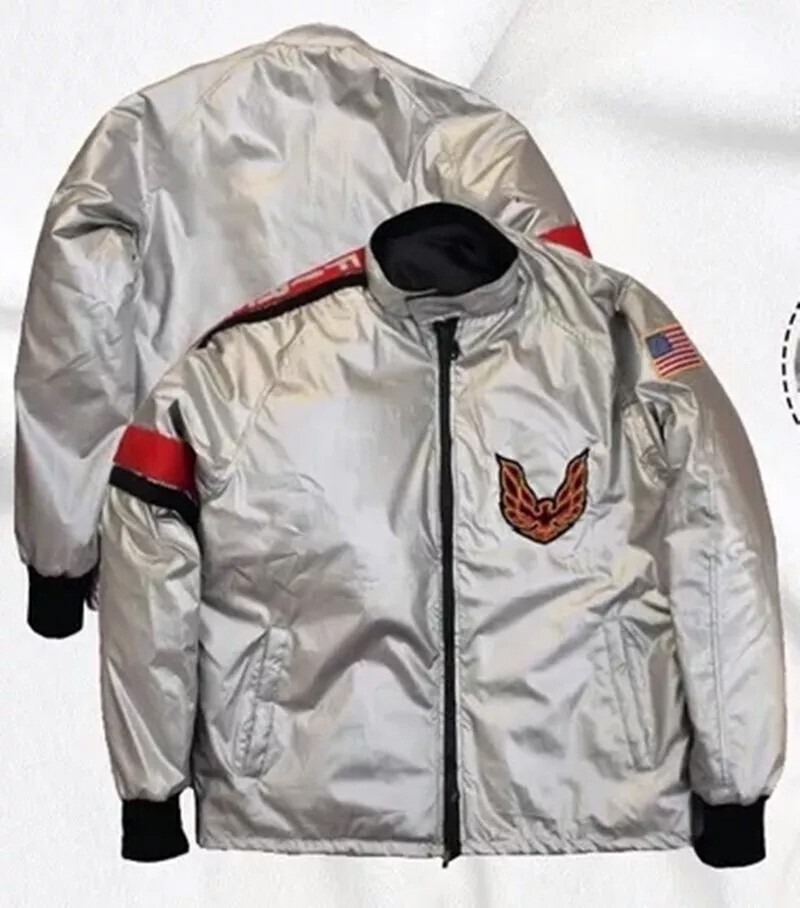 Hooper Firebird Satin Jacket Burt Reynolds Silver Trans Am Costume Dragon Patch