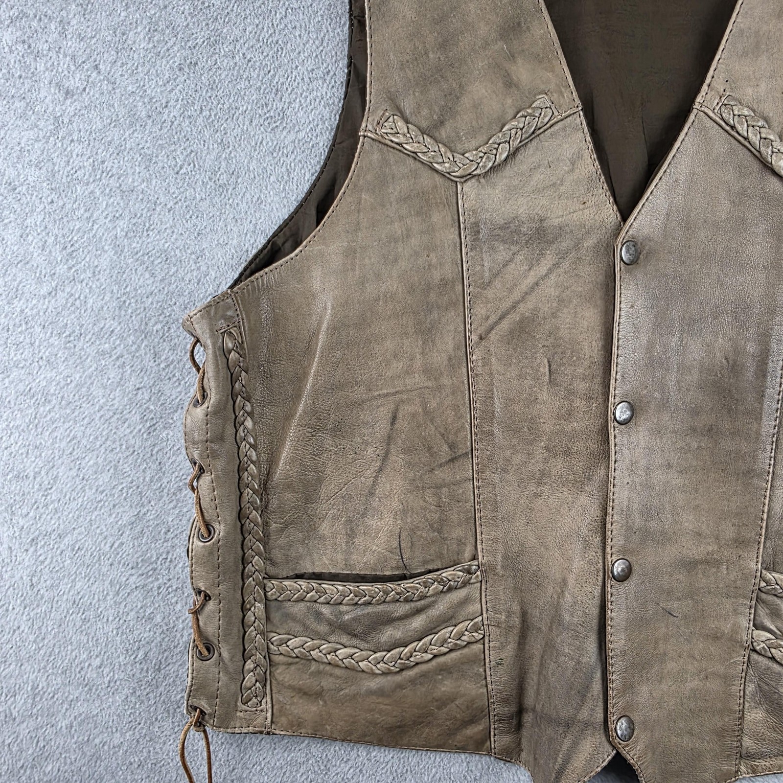 The Leather Shop Vest Mens XL Brown Leather Eagle Scenic Biker Lace Up Vest