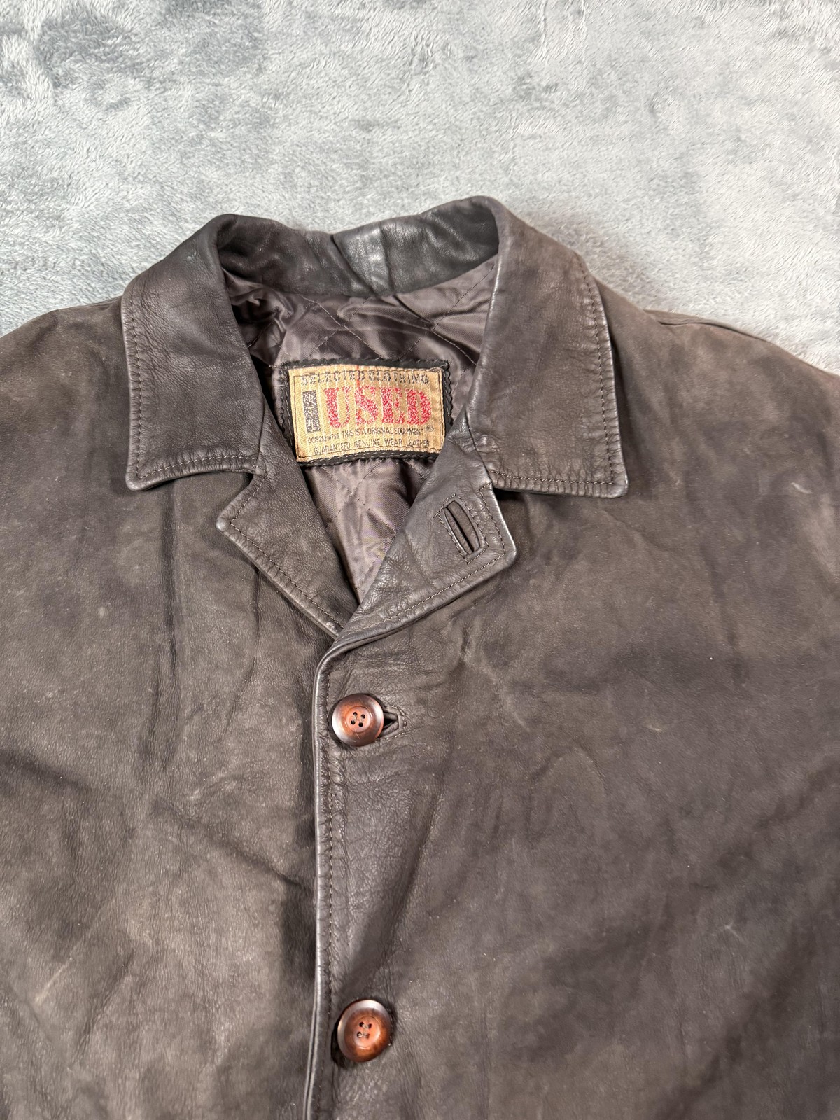 USED Leather Coat Mens 54 Brown Belted Button Front Quilted Overcoat Made Italy