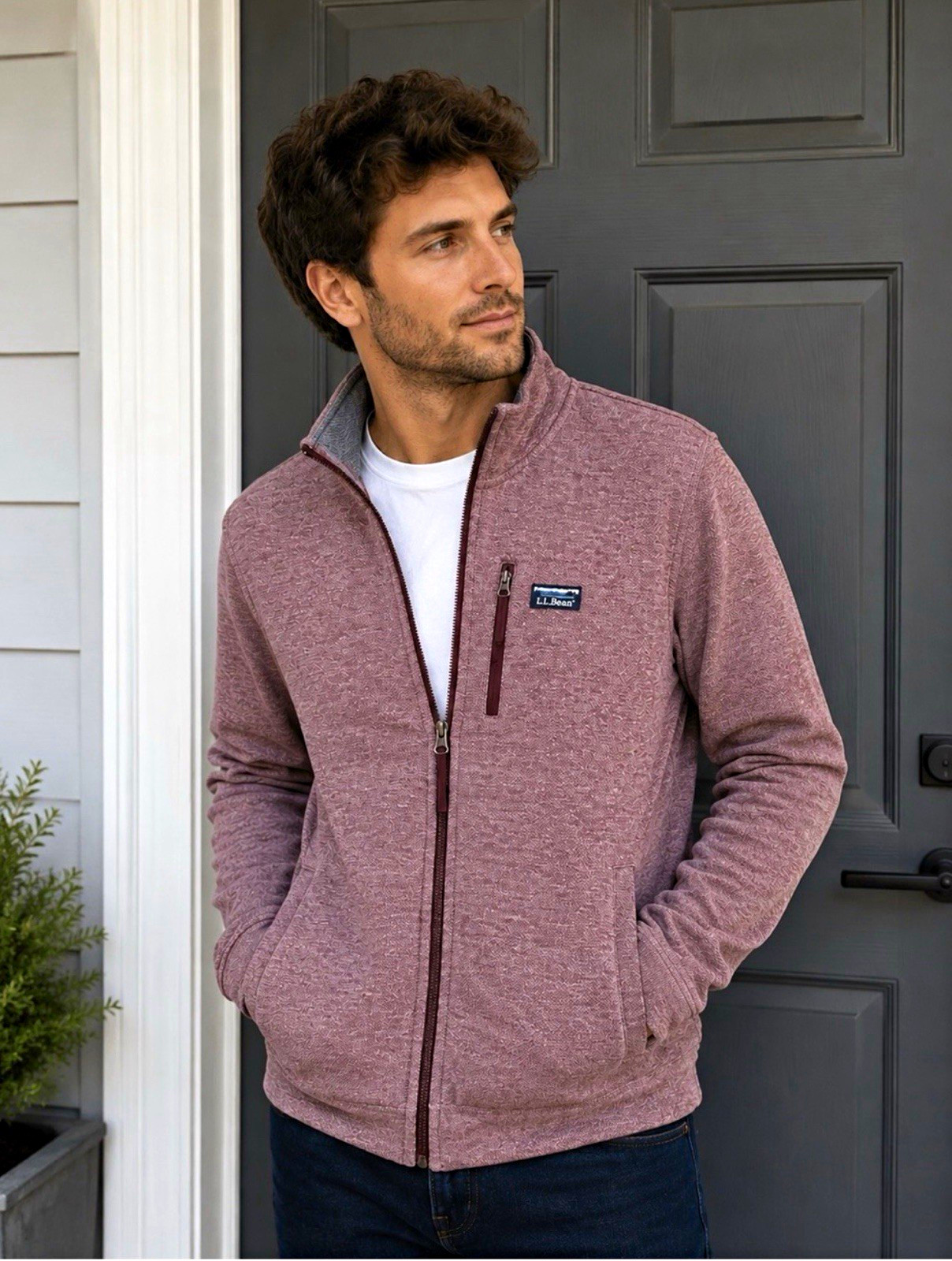 L.L.Bean Men’s Full Zip Jacket M Regular Burgundy Solid Logo Stand-Up Midweight