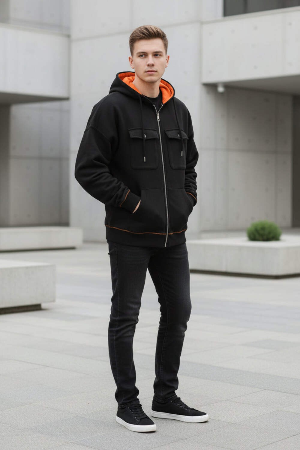 Retro Workware Hooded Sweatshirt Men’s Zipper Solid-Color Warm Sports