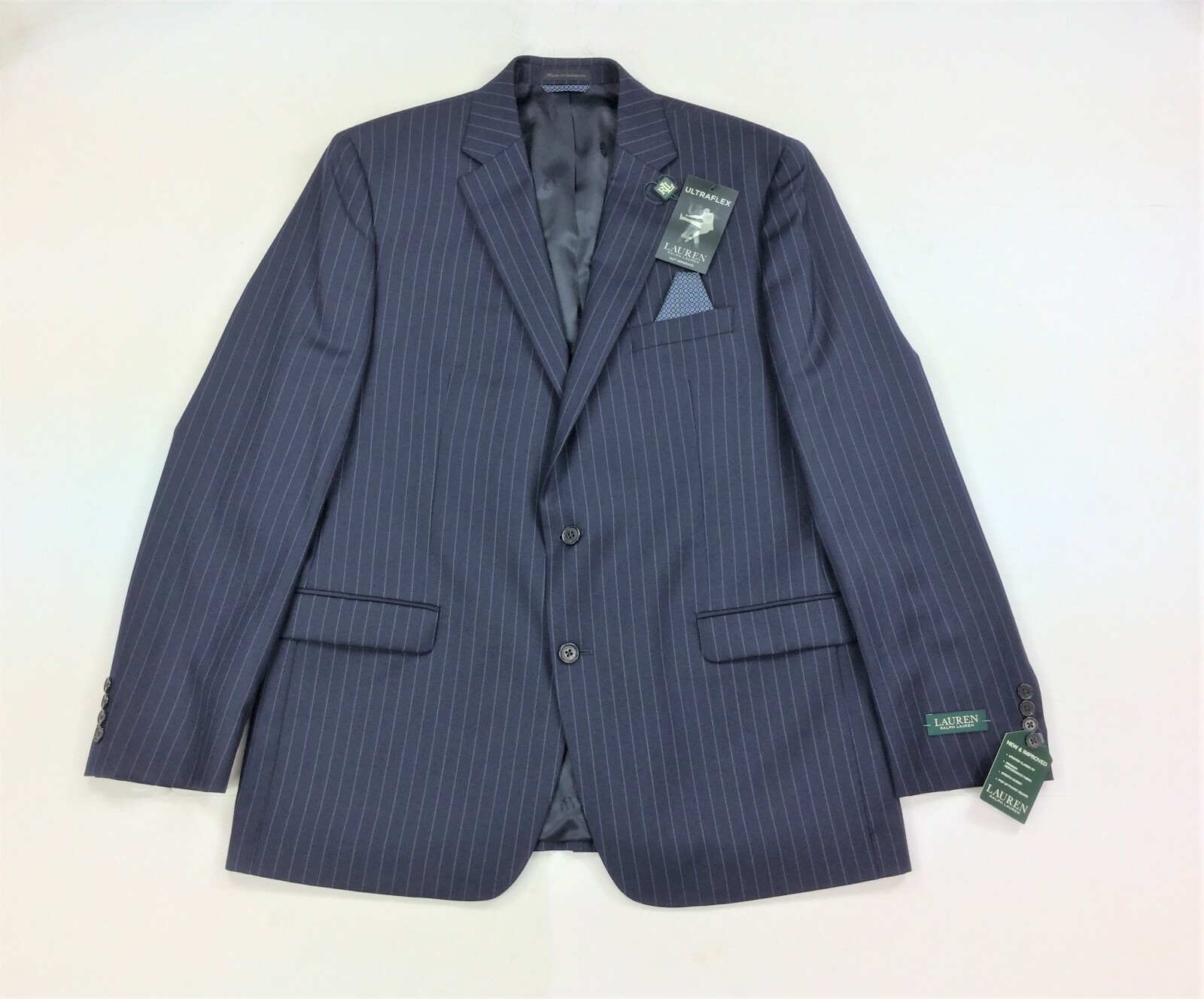 $450 Lauren Ralph Lauren Two Button Wool Blend Pinstriped Suit Jacket 42L 48L