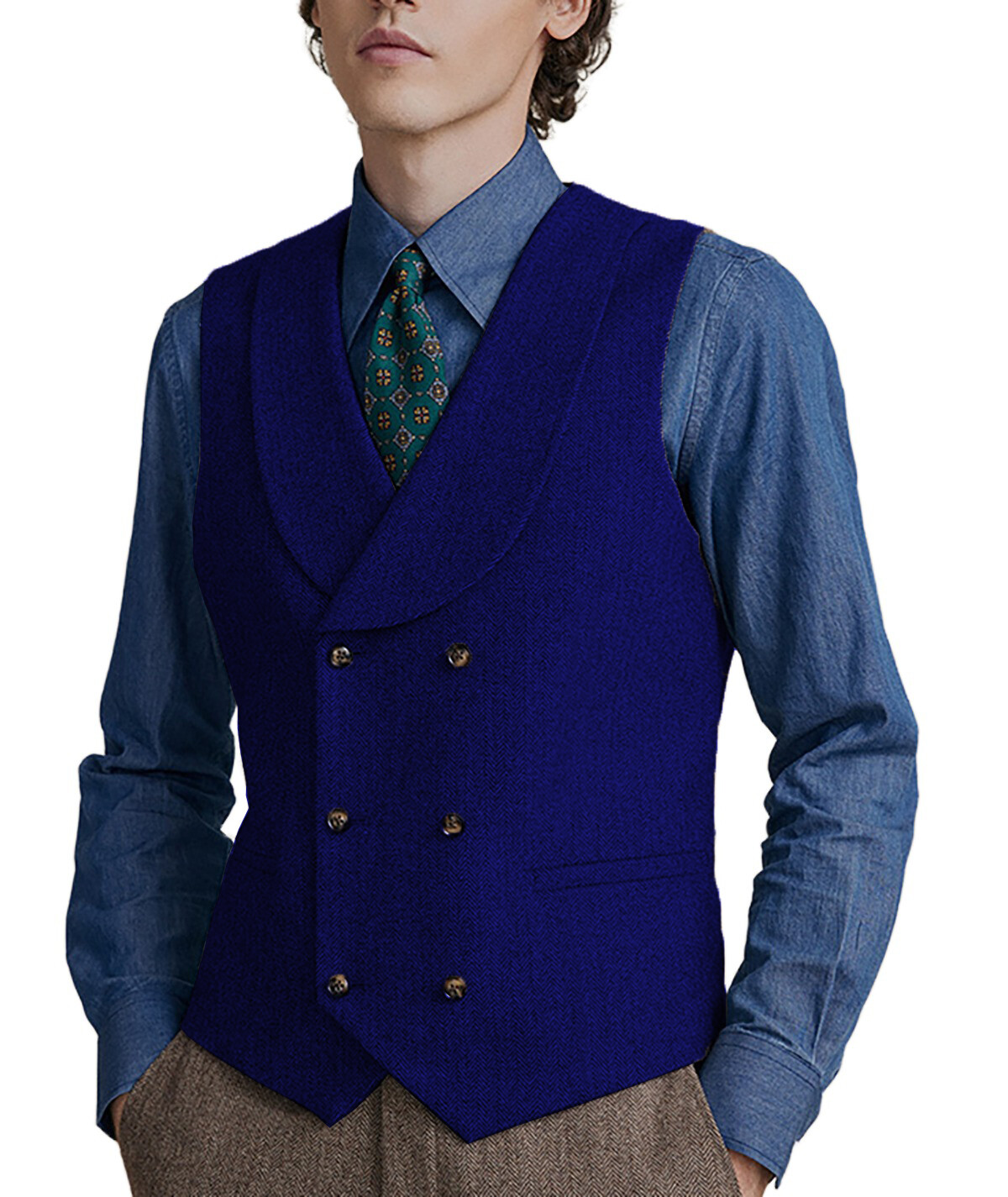 Shawl lapel Vests Mens Double-breasted Waistcoats Tweed Herringbone Wedding Wool