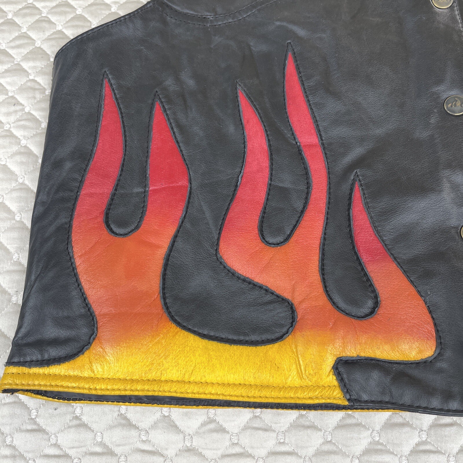 Vintage Mens Leather Vest XL Black Motorcycle Flame Fire Design Krazy Skins