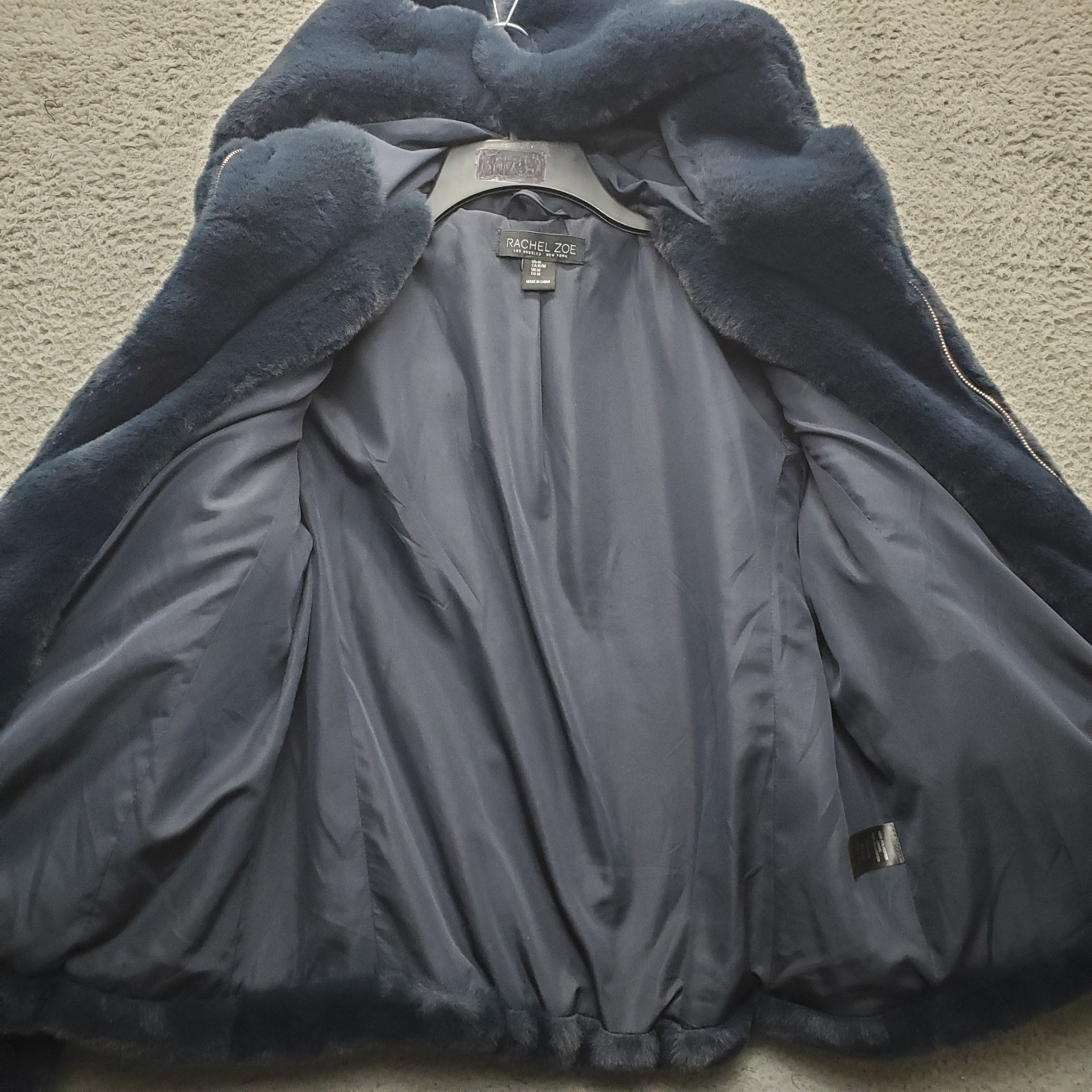 Rachel Zoe Faux Fur Jacket Mens M Navy Lined Fuzzy Hooded Drawstring Full Zip