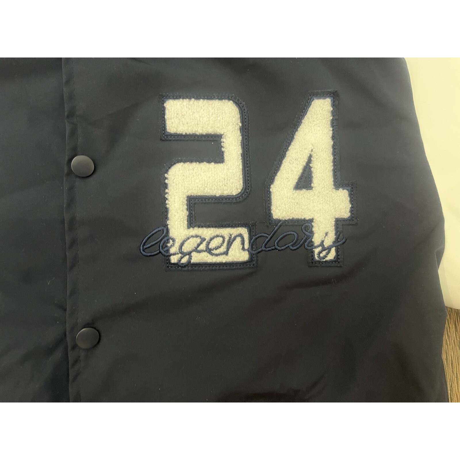Seven Souls Varsity Jacket Mens L Navy White Bomber Streetwear Graphic Bear