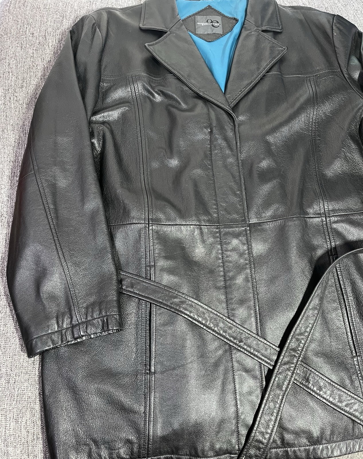 Outdoor Exchange Leather Belted Overcoat Black/Blue Lined Pockets 2XL