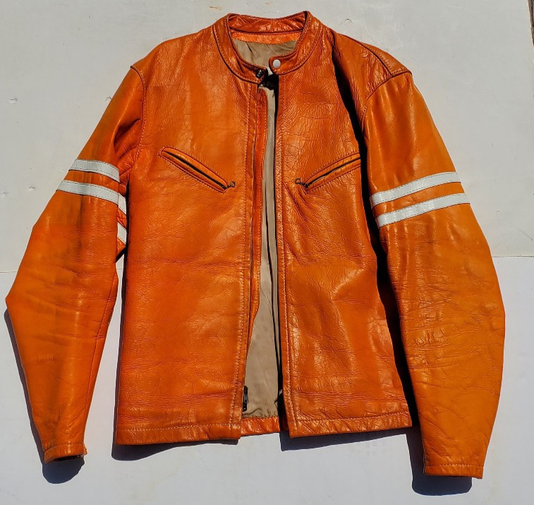 Vtg Bates Leather Motorcycle Racing Jacket Harley Orange w Stripes 1960’s L Cafe