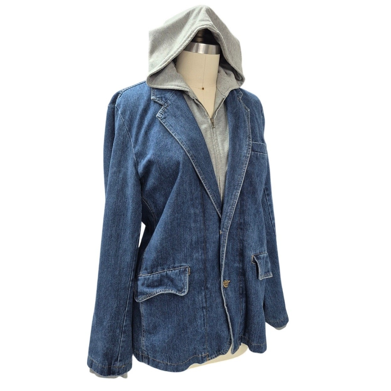 VTG Castro Vintage 100% Cotton Gray Hoodie/Blue Denim Jacket 1 Piece Sz L Unisex