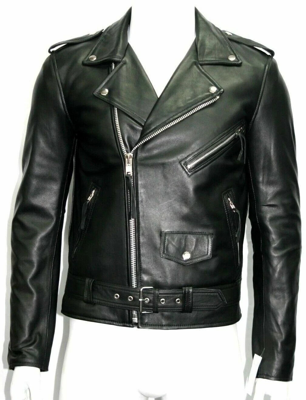 New Men’s Black Leather Extra Belted Jacket 100% Real Lambskin Moto Biker Jacket