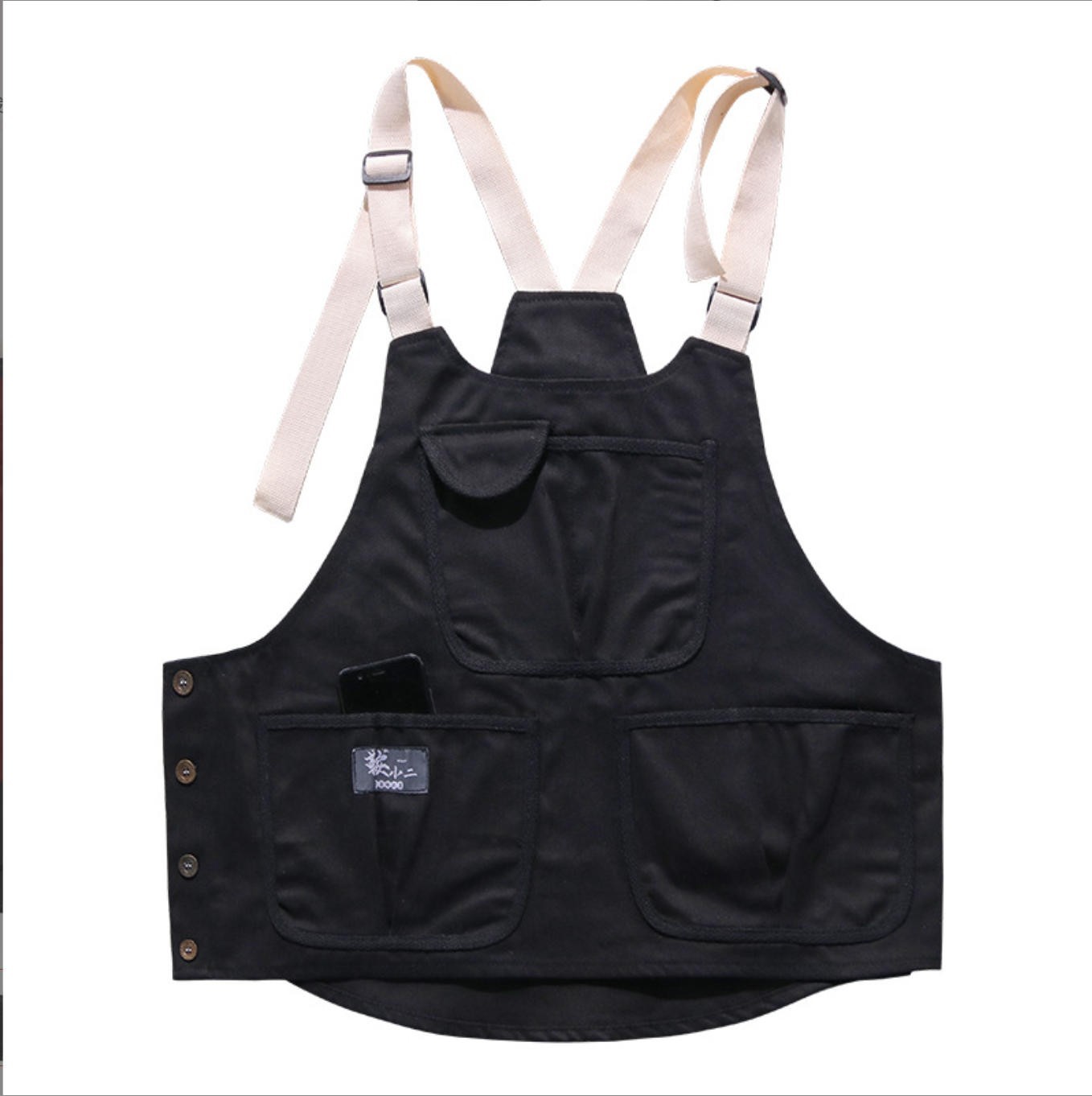 Japanese Retro Worker Multi Pockets Vest Outwear Waistcoat Sling Double Breasted