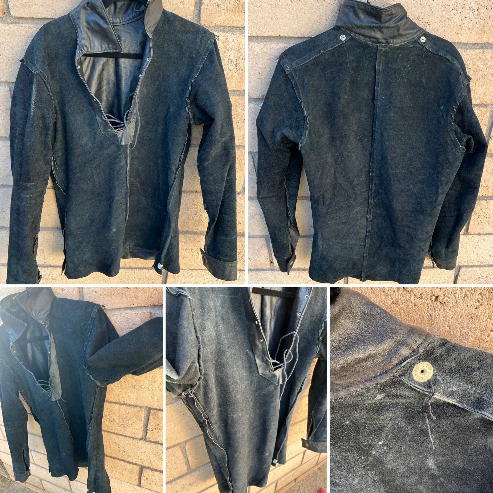 Black Leather Lace Up Pullover Shirt Talon Zip Western Biker Motorcycle M L Vtg