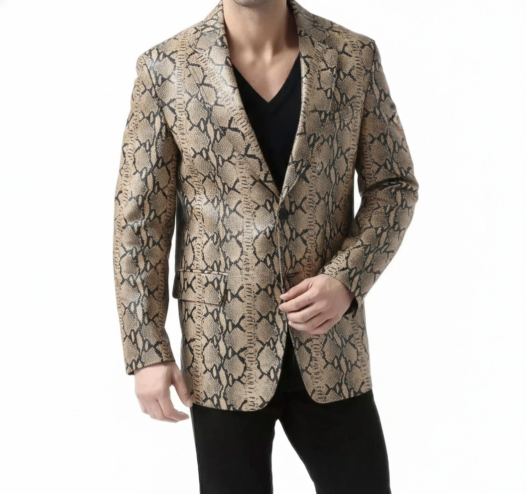 New Men’s Blazer Exotic Snake Print Brown Embossed Designer Leather Coat Blazer