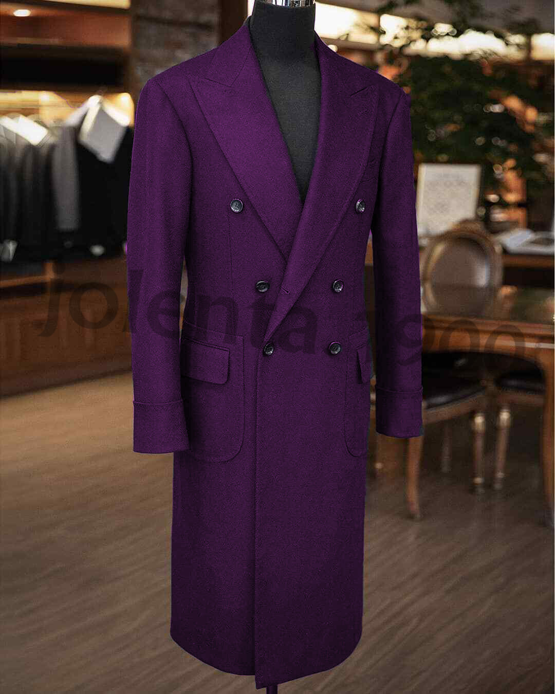 Wool Blend Men Overcoat Double-Breasted Long Jacket Wide Peak Lapel Outwear Coat