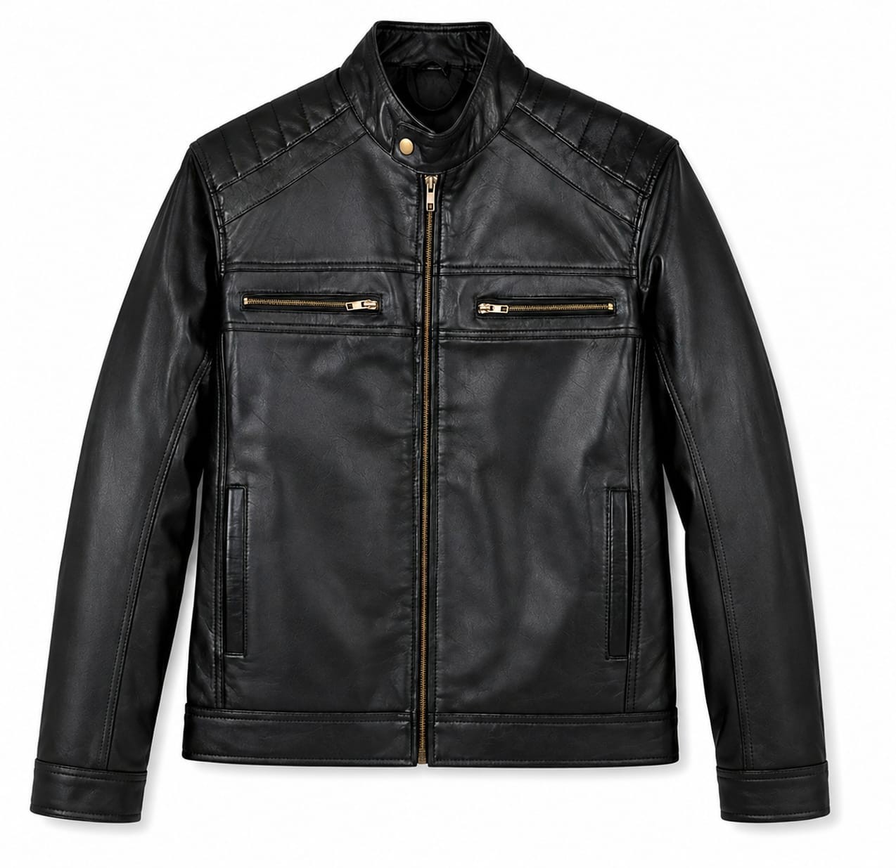 Men’s Black Leather Biker Jacket – Motorcycle Style Stand Collar Zip Pockets