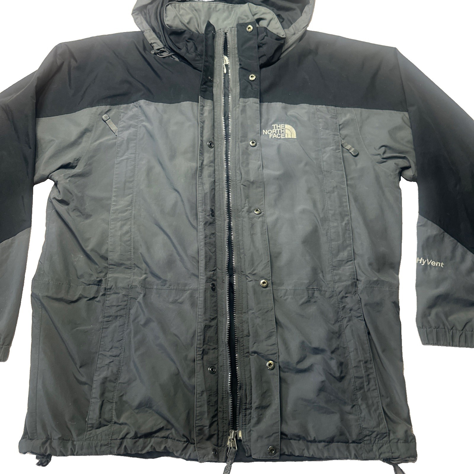 The North Face HyVent Mens Large Gray and Black Jacket Soft Shell Hooded Size L