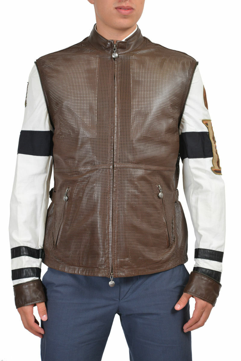 Ferre Milano Perforated Leather Jacket w Detachable Sleeves US S M L XL 2XL 3XL