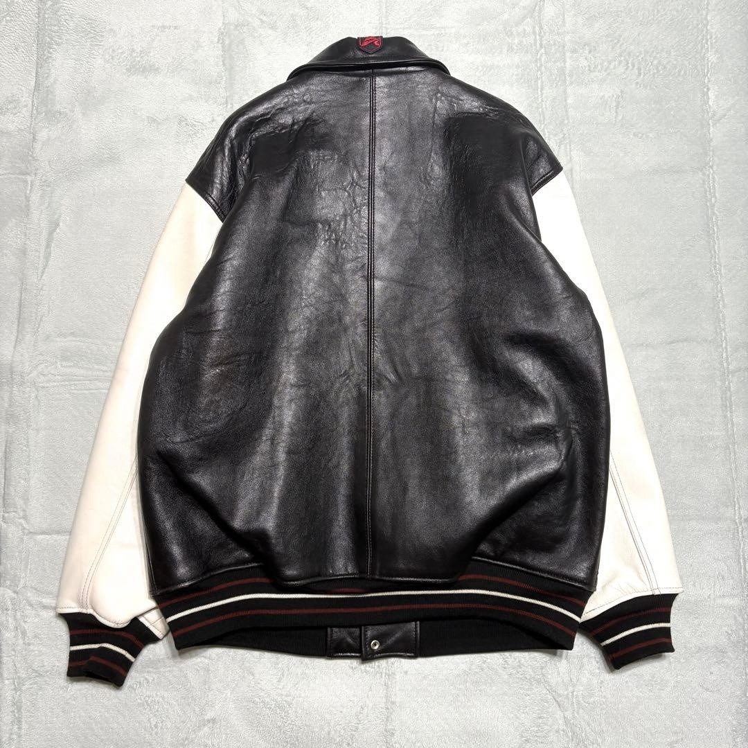 AVIREX XL Leather Varsity Jacket Black White Genuine Leather Cleaned F/S