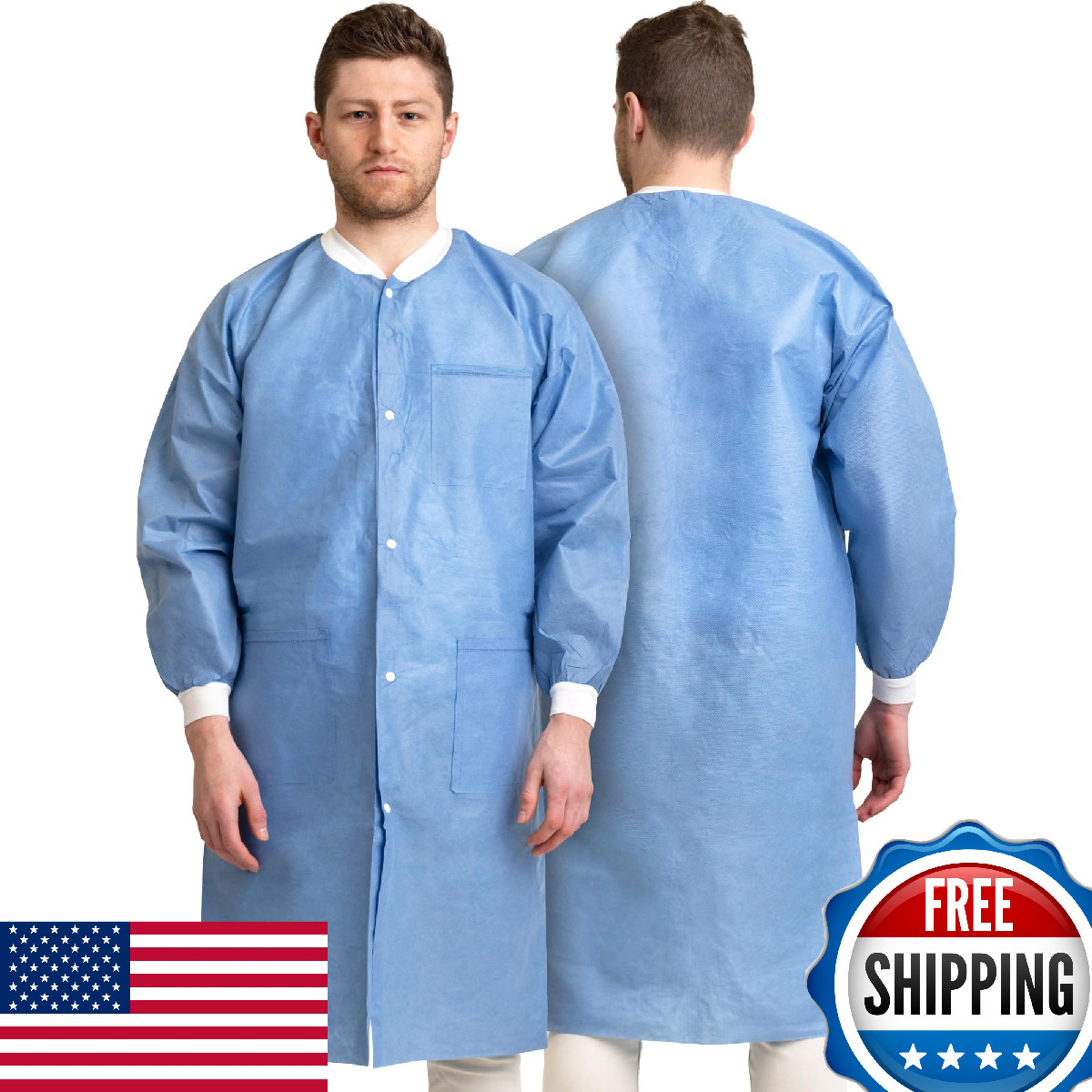 Pack of 10 Disposable Lab Coats – Blue – With 3 Pockets and Soft Knit Cuffs & Co