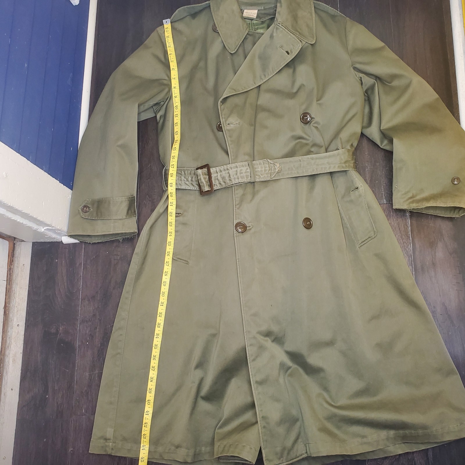 VintageMens Olive All Season Trench Coat Wool With Liner USA Military Gov Coat L