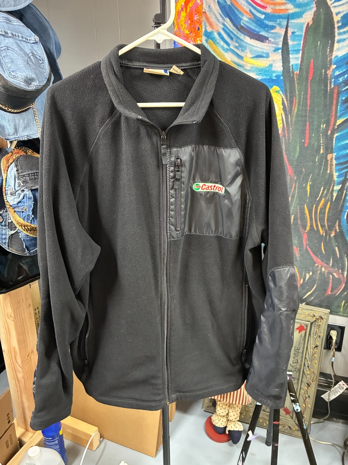 Castrol Black Fleece Jacket Men’s XL Full Zip Embroidered Logo Nylon Trim