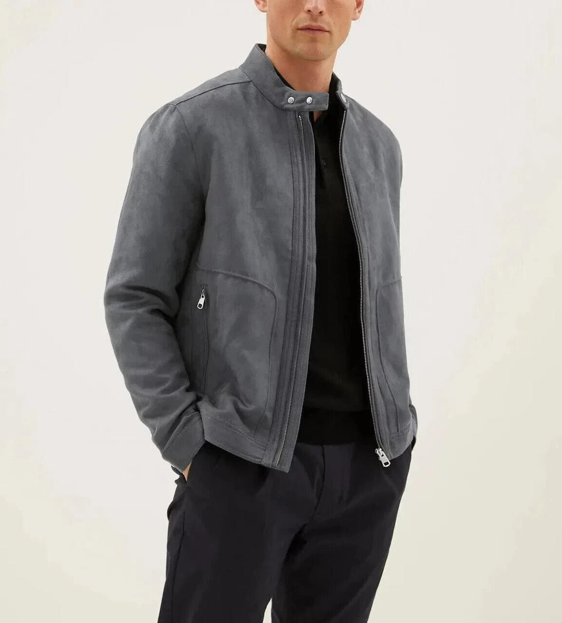 Mens Gray Racer Leather Jacket Pure Suede XS S M L XL XXL 3XL 4XL Custom Made
