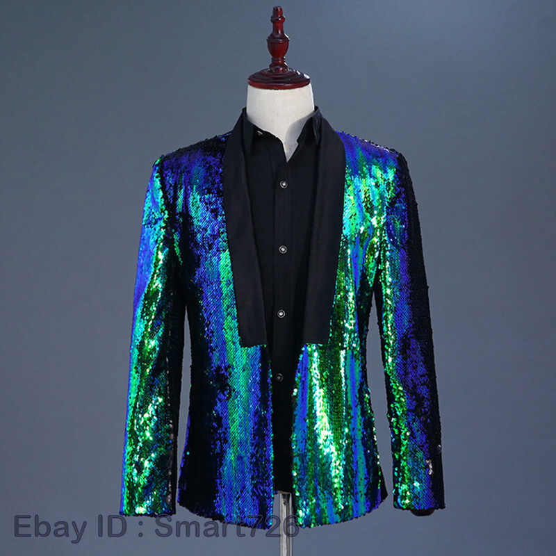 Men Reversible Two Tone Shiny Sequins Jacket Suit Blazer Fancy Dress Outfit Sets