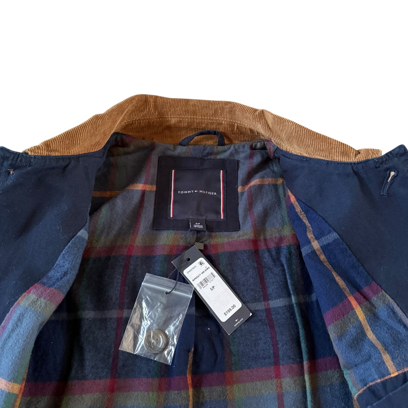 NWT Tommy Hilfiger Mens Navy Cotton Barn Coat Corduroy Collar Plaid Lined Jacket