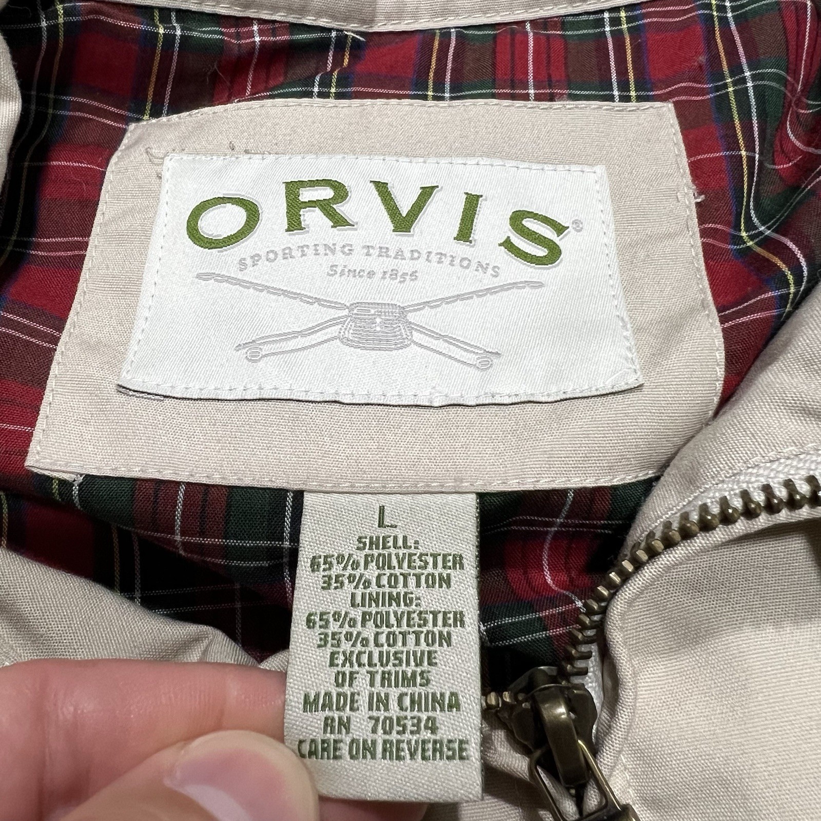 Orvis Men’s Cotton Blend Full Zip Plaid Lining Bomber Jacket Khaki/Tan Large