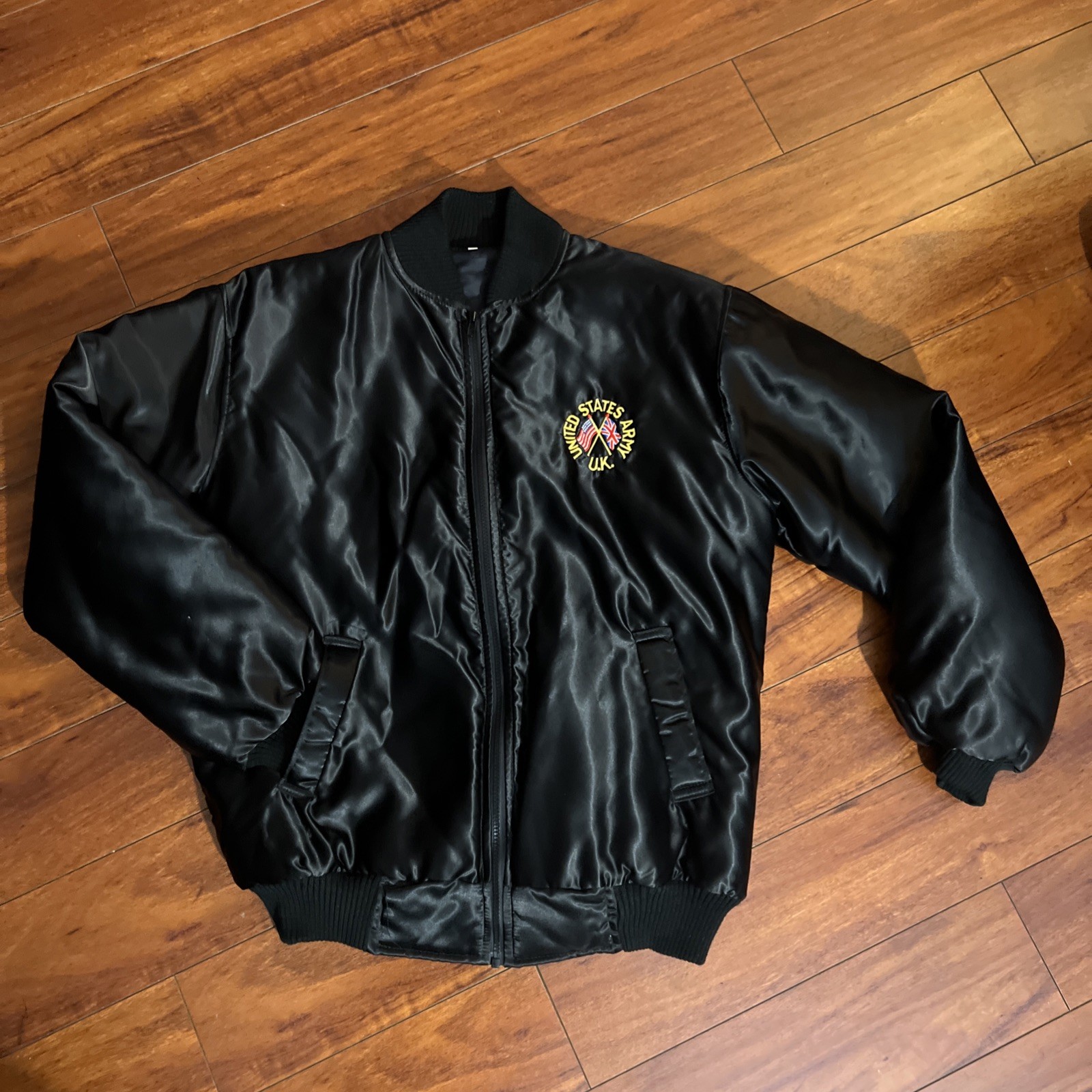 VTG United States Army U.K. Satin Bomber Full Zip Jacket Men’s L Embroidered