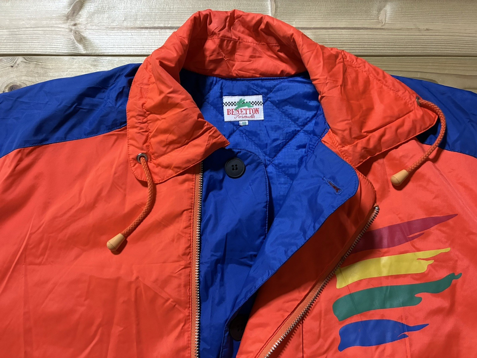 Benetton Formula 1 Racing Team Nylon Jacket Size 48 Japanese XL Orange Blue Vtg