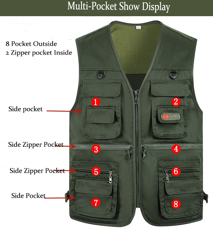Men’s Vest Outdoor Fishing Vest 10 Pockets Photography Hiking Waistcoat Jacket