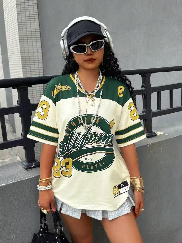 Oversized Men V-Neck Letter Print Y2K Streetwear Vintage Jersey Shirt