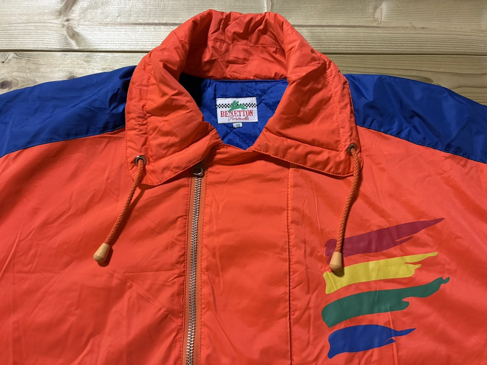Benetton Formula 1 Racing Team Nylon Jacket Size 48 Japanese XL Orange Blue Vtg