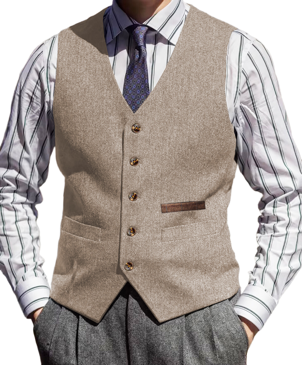 Tweed Vest Mens V-Neck Grooms Waistcoat Wool Waistcoat Herringbone Vintage Retro