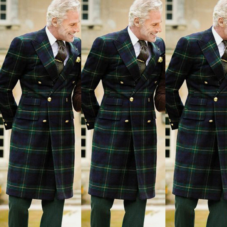 Double Breasted Men Suit Long Jacket Green Check Tuxedo Wide Peak Lapel Overcoat