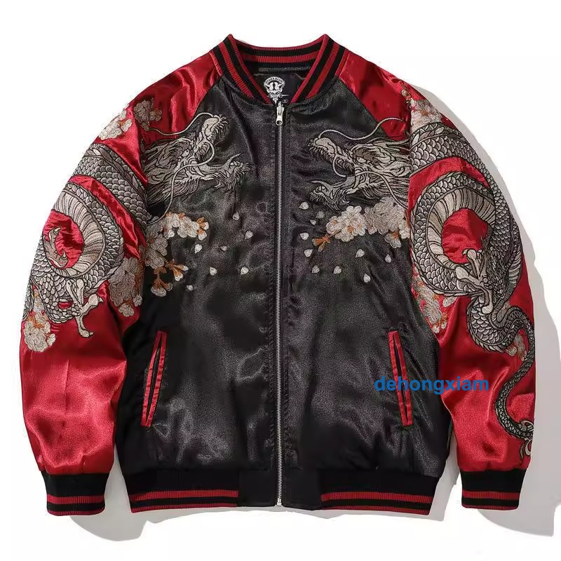 New Mens Bomber Japanese Pattern Embroidery Dragon Tattoo Sukajan Fashion Jacket