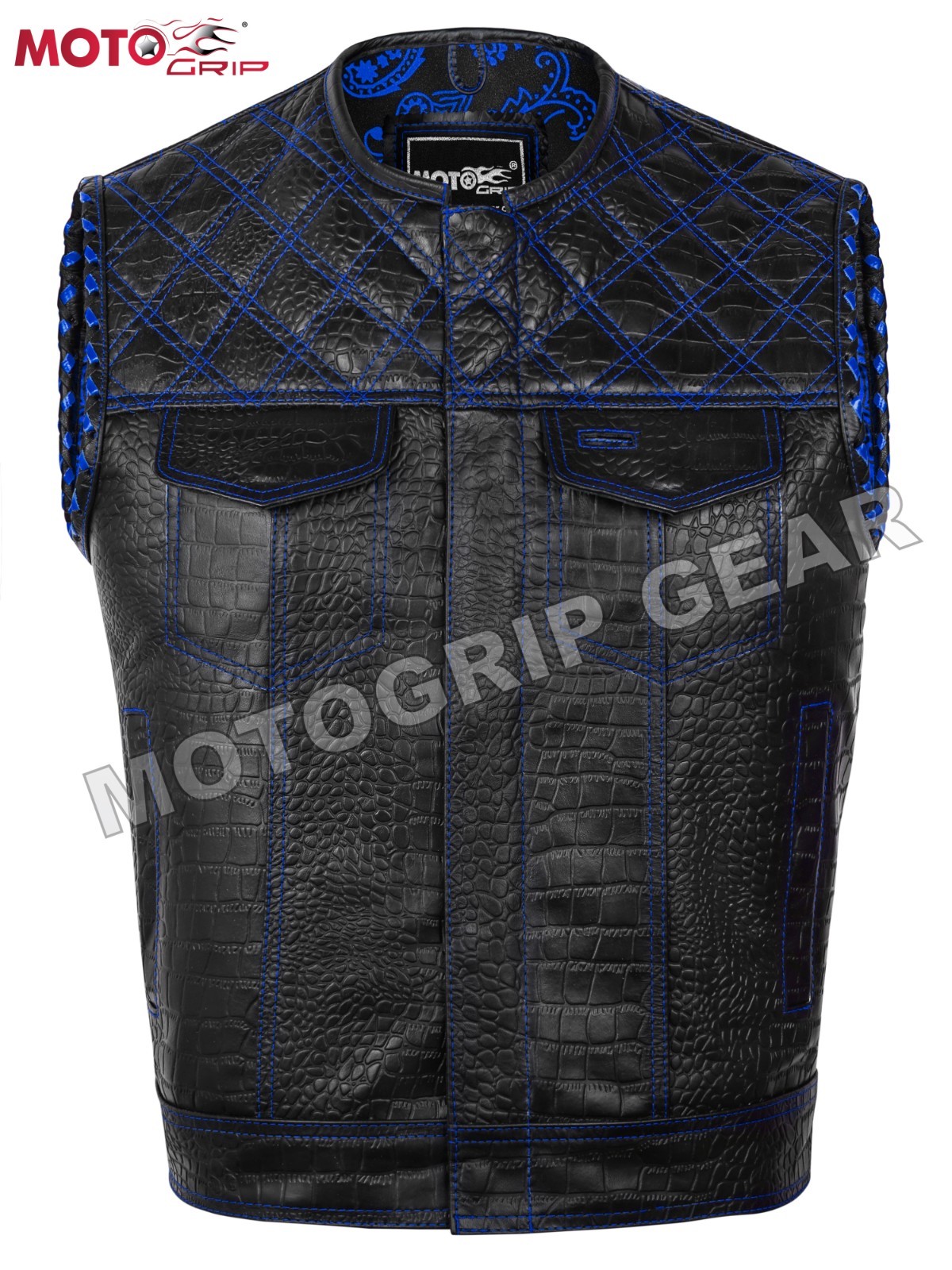 Men’s Black Embossed Leather Motorcycle Vest – Blue Paisley Lining Conceal Carry