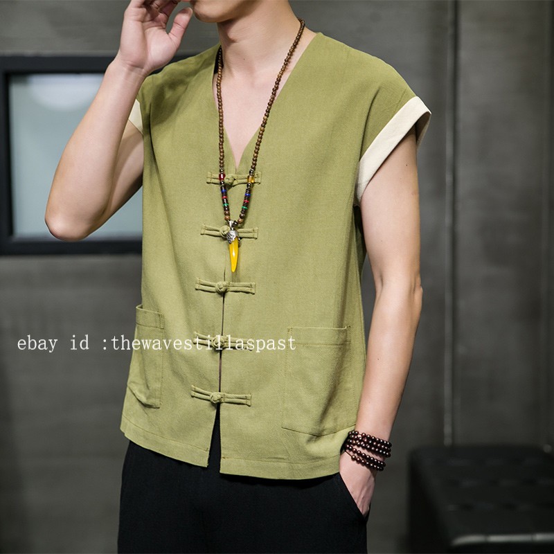 Men Cotton Linen Waistcoat Vest Sleeveless Tang Suit Jacket Kung Fu Tai Chi Vest