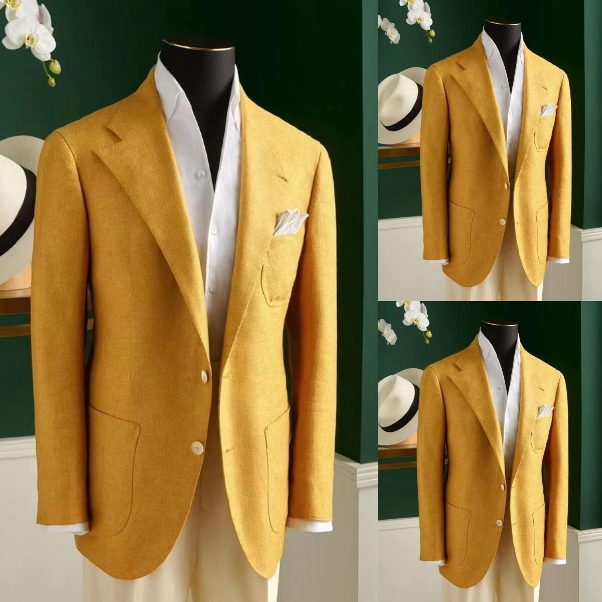 Linen 2 Pieces Men’s Suits Yellow Summer Wedding Party Blazer Business Jacket