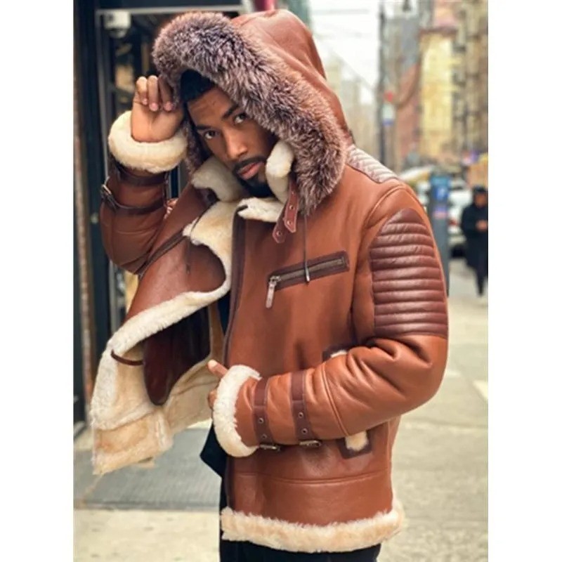 Men’s Brown B3 Aviator Bomber Real Sheepskin Leather Fur Shearling Biker Jacket