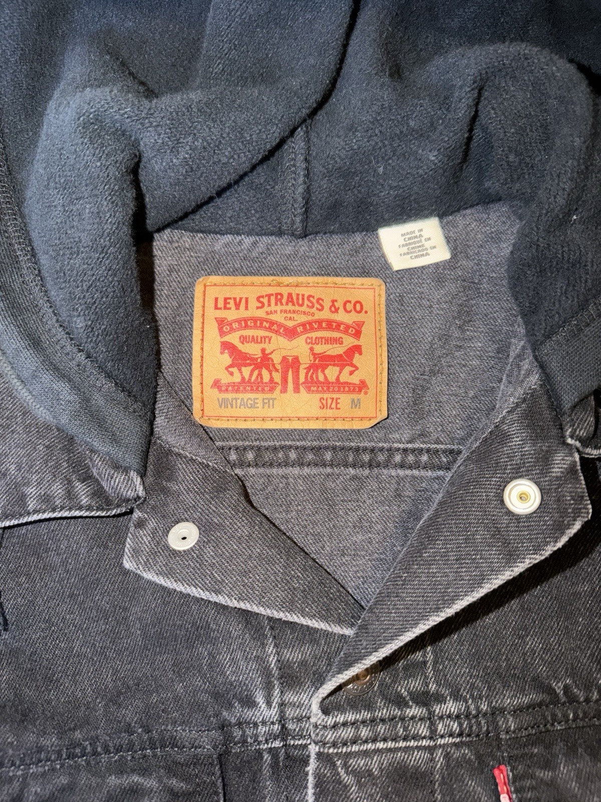 Levis Hybrid Hooded Denim Trucker Hoodie Jean Jacket Meidum Black Vintage Fit