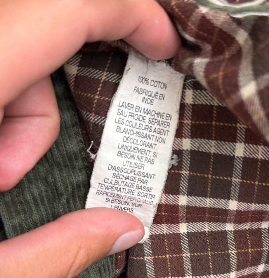 LL Bean Mens Corduroy Shirt Jacket Flannel Lined Green Distressed Crop Hem Large