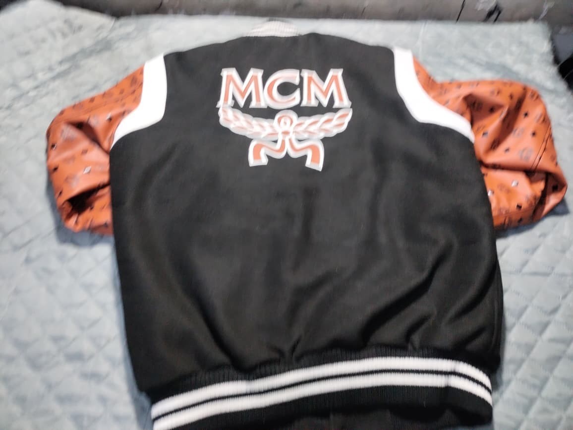 MCM Varsity Bomber Jacket Black Cognac Monogram Sleeves Leather