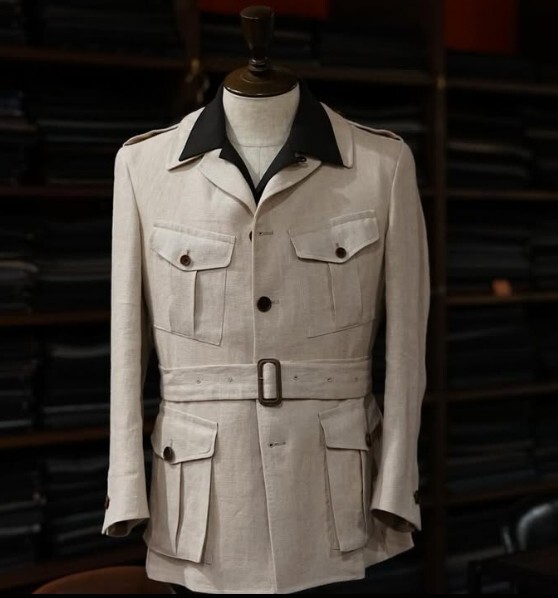 Linen Mens Safari Jacket with Belt British Style Casual Coat Summer Beach Blazer